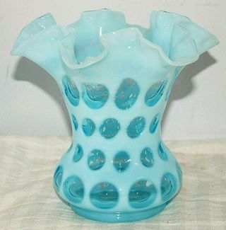 Vintage Fenton Aqua Blue Opalescent Coin Dot Double Crimp Ruffle Glass 6 " Vase