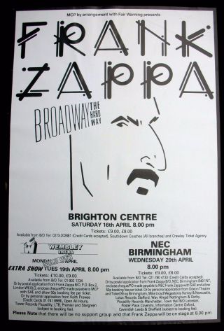 Frank Zappa Broadway The Hard Way Final Tour 1988 U.  K.  Concert Poster Rare Vg,