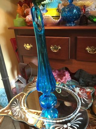 Vintage Viking Glass Epic Six Petal Pattern Swung Vase Bluenique Blue 18 " Tall.