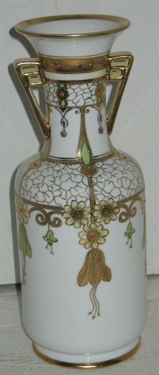 Vintage Nippon Handpainted Green/white/gold Gilt 11 " Flower Floral Vase