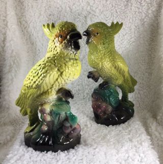 Vintage California Pottery Green Cockatoos / Parrots Set Of Two