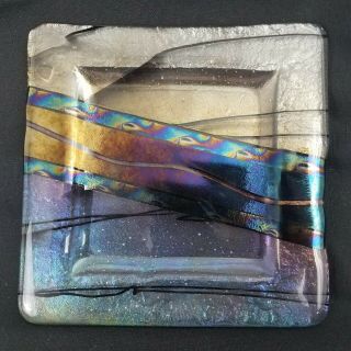 Square Dichroic Iridescent Fused Art Glass Plate Trinket Dish Purple Blue,  6 "