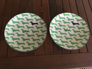 Set Of 2 Kate Spade Wickford Dachshund Green & Navy Blue 9 " Salad Accent Plates