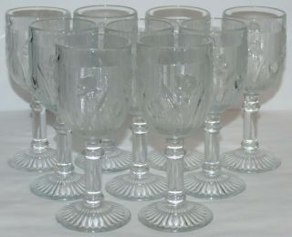 Nine Jeanette Iris & Herringbone 5 3/8 " Wine Glass,  Circa 1928 - 1932,  Euc