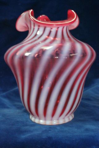 Fenton Cranberry Opalescent Spiral Optic Vase.  1950 - 60 