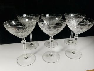 6 Vintage Fostoria Crystal 6 " Sherbet / Champagne W/june Etch 279 6 Oz.  5098
