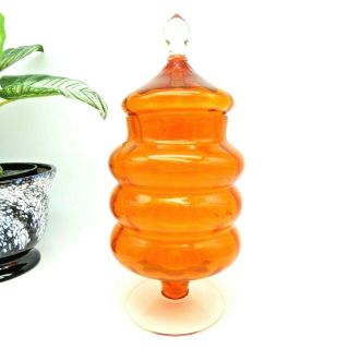 Vintage Lidded Bon Bon Glass Jar Orange Optic Footed Sweets Apothecary Empoli