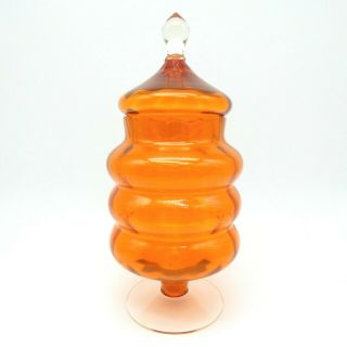 Vintage Lidded Bon Bon Glass Jar Orange Optic Footed Sweets Apothecary Empoli 2