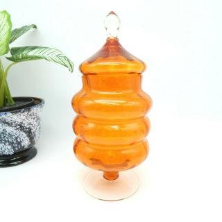 Vintage Lidded Bon Bon Glass Jar Orange Optic Footed Sweets Apothecary Empoli 3
