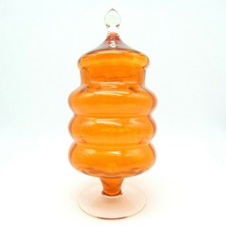 Vintage Lidded Bon Bon Glass Jar Orange Optic Footed Sweets Apothecary Empoli 4