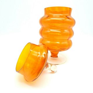 Vintage Lidded Bon Bon Glass Jar Orange Optic Footed Sweets Apothecary Empoli 5