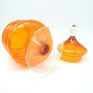 Vintage Lidded Bon Bon Glass Jar Orange Optic Footed Sweets Apothecary Empoli 6