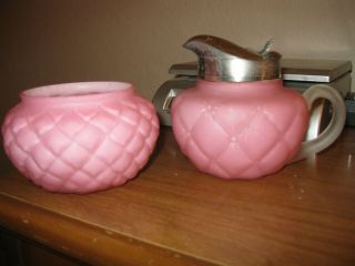 Antique Quilted Pink Satin Glass Sugar & Silver Pltd Lid Creamer - Consolidated