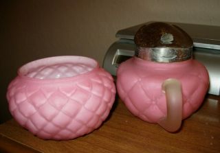 Antique Quilted Pink Satin Glass Sugar & Silver Pltd Lid Creamer - Consolidated 2