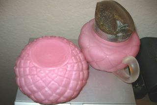 Antique Quilted Pink Satin Glass Sugar & Silver Pltd Lid Creamer - Consolidated 3