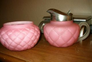 Antique Quilted Pink Satin Glass Sugar & Silver Pltd Lid Creamer - Consolidated 6