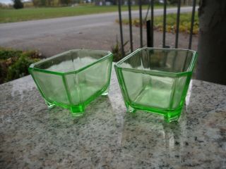 Pair Set Of 2 Vintage Green Depression Glass Footed Small Dish Uranium Vaseline