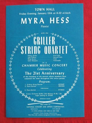 C@1952 Myra Hess & Griller String Quartet Carnegie Hall Flyer Handbill Flyer