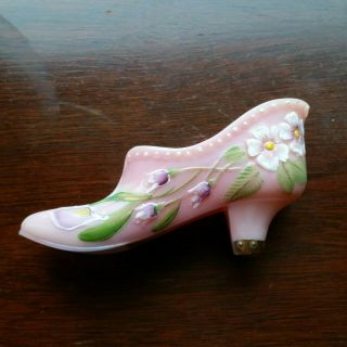 Fenton Hand - Painted By Anoch Milk Glass Purple Flowers Pink Slipper/shoe