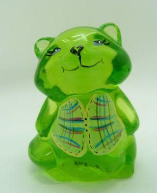 Fenton Carnival Art Glass Bear Green Hand Painted Vest Signed Paperweight Figure