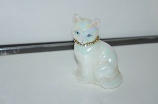 Fenton Figurine Cat White Iridescent Birthstone Necklace April (signed)