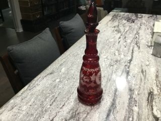 Vintage Czech Bohemian Egermann Ruby Red Cut To Clear Glass Decanter/stopper - Exc