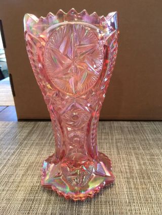 Vintage L.  E Smith Whirling Star Pink Sawtooth Crystal Glass Vase 9 Inch