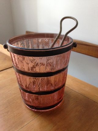 Pink Depression Etched Glass Ice Bucket With Tongs