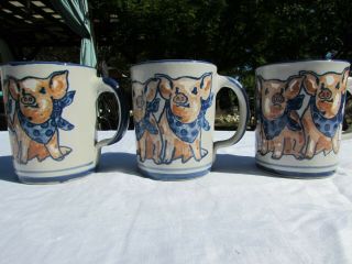 3 Louisville Stoneware Coffee Mug 3 Little Pigs Blue Bandannas Kentucky Piggy