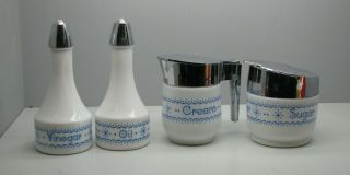 Gemco Pyrex Blue Snowflake Garland Cream & Sugar Plus Oil & Vinegar Set