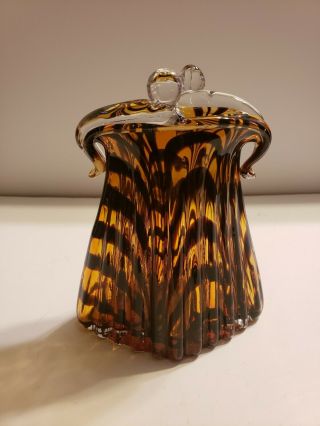 Vintage Murano Amber Brown Tiger Striped Handblown Glass Coin Purse 8 " Tall Vase
