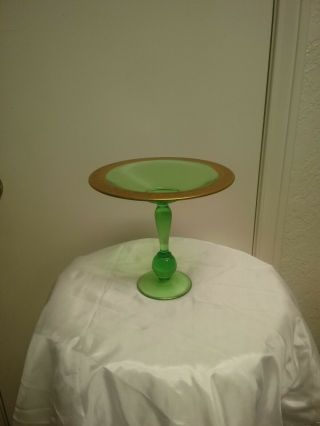 Vintage Green Uranium/vaseline Depression Glass Pedestal Tall Gold Trim