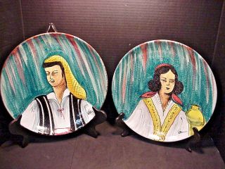 Vintage Italy Hand Painted Pottery Charger Plate Pair Man & Woman Signed Mcm