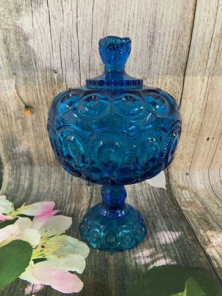 Vtg L.  E.  Smith Glass Moon & Stars Blue Glass Compote With Lid