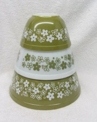 Vintage Pyrex Crazy Daisy Spring Blossom Nesting Mixing Bowls Set Of 3 Green