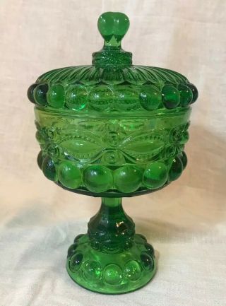 Vintage L.  G.  Wright Glass Round Covered Candy Dish Emerald Green Eyewinker Euc