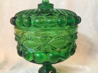 Vintage L.  G.  Wright Glass Round Covered Candy Dish Emerald Green Eyewinker EUC 3