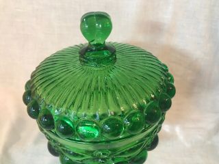 Vintage L.  G.  Wright Glass Round Covered Candy Dish Emerald Green Eyewinker EUC 4