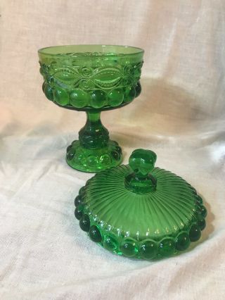 Vintage L.  G.  Wright Glass Round Covered Candy Dish Emerald Green Eyewinker EUC 6