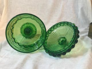Vintage L.  G.  Wright Glass Round Covered Candy Dish Emerald Green Eyewinker EUC 7