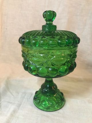 Vintage L.  G.  Wright Glass Round Covered Candy Dish Emerald Green Eyewinker EUC 8