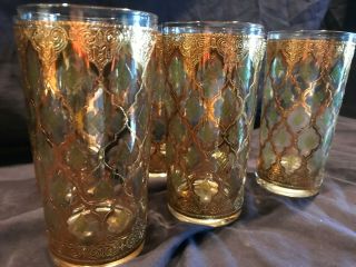6 Vintage Culver Valencia Drinking Glasses/tumblers 5 5/8 " Filigree Green Gold