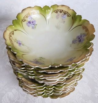 (12) Rs Prussia Small Purple Floral Green & Gold Fruit Dessert Bowls