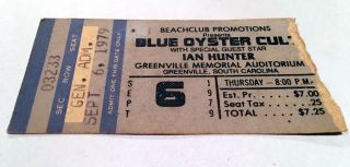 Blue Oyster Cult Ian Hunter Concert Ticket Stub 9 - 6 - 1979 Mott The Hoople Sc