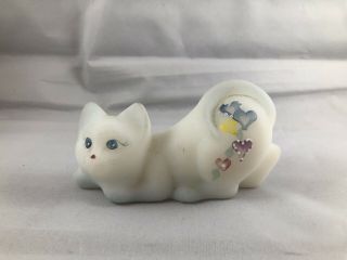 Fenton Cat White Satin Figurine Pink Blue Hearts Crouching Pouncing