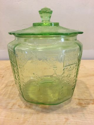 Vintage Green Depression Glass Biscuit Cookie Jar W/lid Princess Pattern