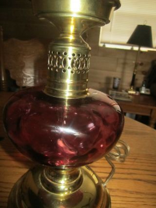 1941 VINTAGE FENTON CRANBERRY OPTIC COIN GLASS AND BRASS LAMP BASE 17 inch 7