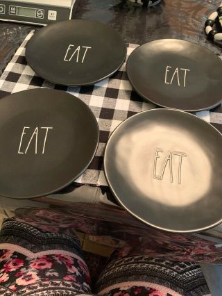 Rae Dunn By Magenta Rare Htf Eat Black Plates Set Of 4 Appetizer Snack 8inch 8 "