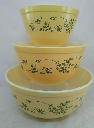 Vintage Pyrex Shenandoah Mixing Bowls Set Of 3 Yellow Green Floral 401,  402,  403