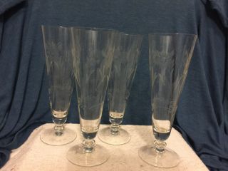 Set Of 4 Vintage Clear Etched Cut Crystal Wheat Pattern Pilsner Beer Glasses